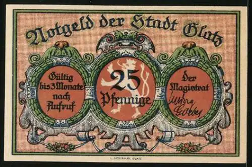 Notgeld Glatz, 25 Pfennig, Böhmisches Tor, Stadtwappen