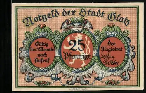 Notgeld Glatz, 25 Pfennig, Blick zur Kirche, Stadtwappen