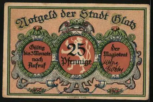 Notgeld Glatz, 25 Pfennig, Ortspartie, Stadtwappen