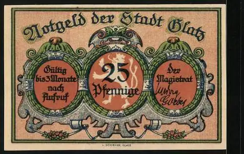 Notgeld Glatz, 25 Pfennig, Ortspartie, Stadtwappen