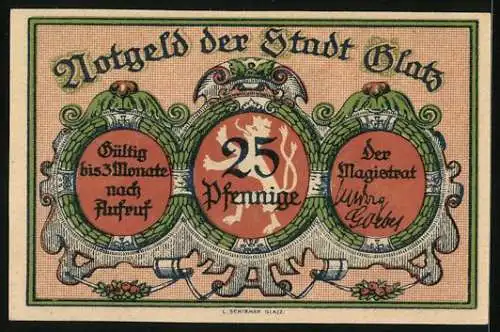 Notgeld Glatz, 25 Pfennig, Böhmisches Tor, Stadtwappen