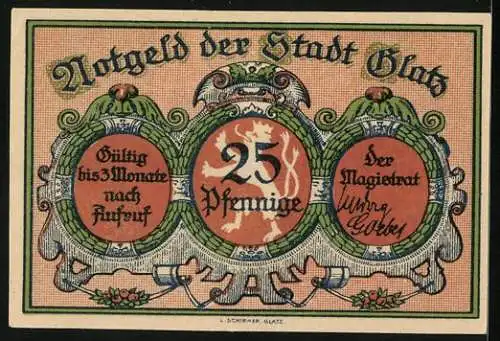 Notgeld Glatz, 25 Pfennig, Blick zur Kirche, Stadtwappen