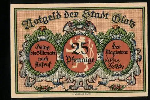 Notgeld Glatz, 25 Pfennig, Strassenpartie mit Tor, Stadtwappen