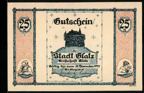 Notgeld Glatz 1921, 25 Pfennig, Glatzer Volksliedlein, Waage mit Schneidern und Gewicht