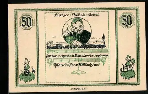 Notgeld Glatz 1921, 50 Pfennig, Glatzer Volksliedlein, Mann mit Tabakspfeife