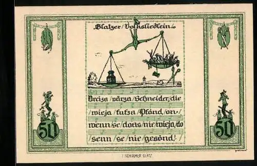 Notgeld Glatz 1921, 50 Pfennig, Glatzer Volksliedlein, Waage mit Schneidern und Gewicht