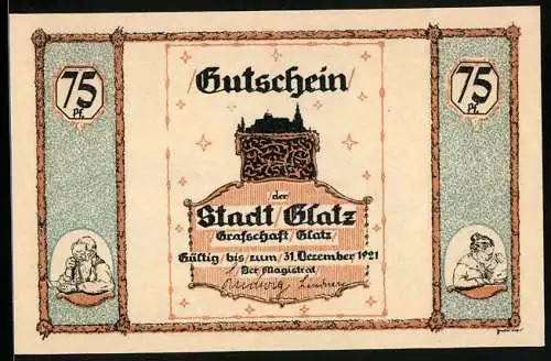 Notgeld Glatz 1921, 75 Pfennig, Glatzer Volksliedlein, Mann mit Tabakspfeife
