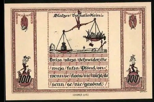 Notgeld Glatz 1921, 100 Pfennig, Glatzer Volksliedlein, Waage mit Schneidern und Gewicht