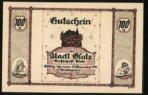 Notgeld Glatz 1921, 100 Pfennig, Glatzer Volksliedlein, Waage mit Schneidern und Gewicht