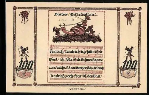 Notgeld Glatz 1921, 100 Pfennig, Glatzer Volksliedlein, Schneckenpost