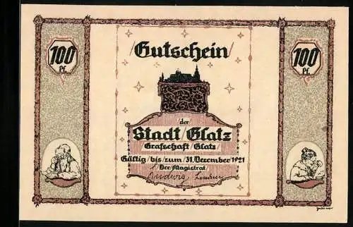 Notgeld Glatz 1921, 100 Pfennig, Glatzer Volksliedlein, Mann mit Tabakspfeife