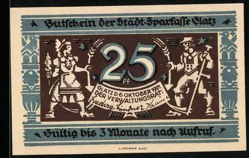 Notgeld Glatz 1921, 25 Pfennig, 100 Jahre Städt. Sparkasse Glatz 1821-1921, Bauer mit Sense