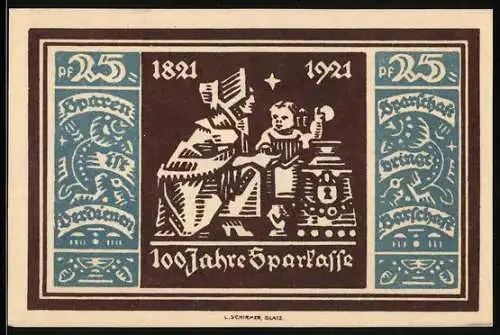 Notgeld Glatz 1921, 25 Pfennig, 100 Jahre Sparkasse Glatz 1821-1921, Frau mit Kind