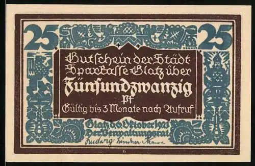 Notgeld Glatz 1921, 25 Pfennig, 100 Jahre Städt. Sparkasse Glatz 1821-1921, Maurer mit Kind