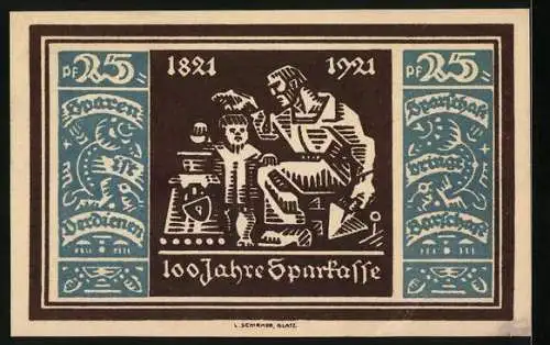 Notgeld Glatz 1921, 25 Pfennig, 100 Jahre Städt. Sparkasse Glatz 1821-1921, Maurer mit Kind