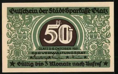 Notgeld Glatz 1921, 50 Pfennig, 100 Jahre Städt.Sparkasse Glatz 1821-1921, Kirche, Ortspartie, Wappen