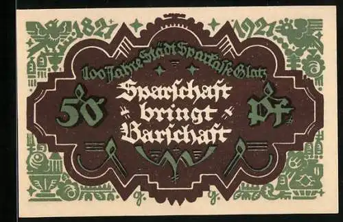 Notgeld Glatz 1921, 50 Pfennig, 100 Jahre Städt. Sparkasse Glatz 1821-1921, Bauer mit Sense
