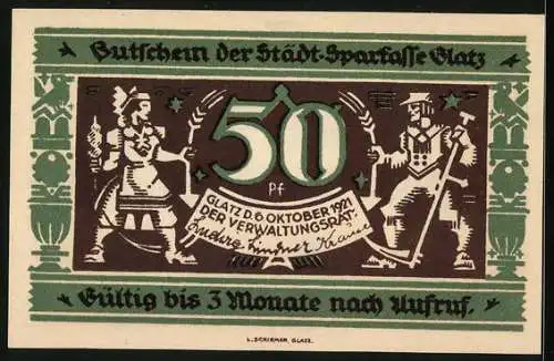 Notgeld Glatz 1921, 50 Pfennig, 100 Jahre Städt. Sparkasse Glatz 1821-1921, Bauer mit Sense