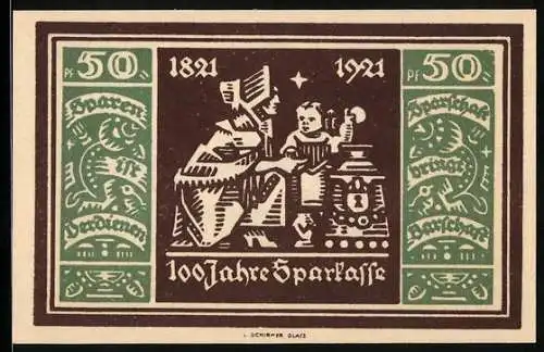 Notgeld Glatz 1921, 50 Pfennig, 100 Jahre Sparkasse Glatz 1821-1921, Frau mit Kind