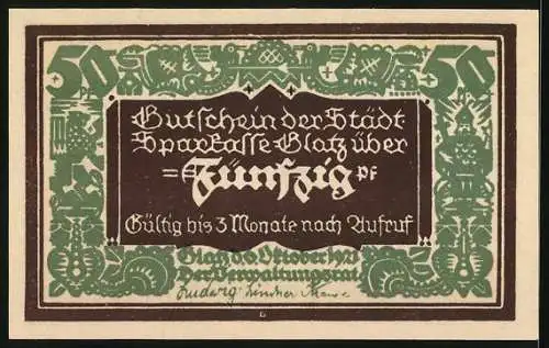 Notgeld Glatz 1921, 50 Pfennig, 100 Jahre Sparkasse Glatz 1821-1921, Frau mit Kind