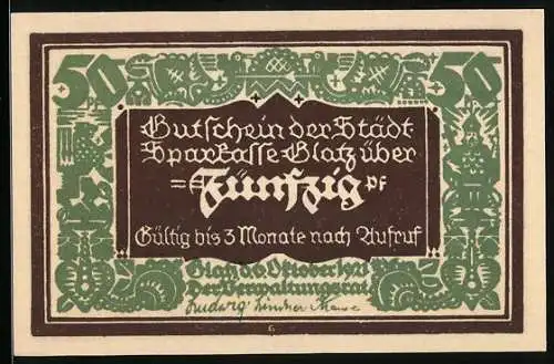 Notgeld Glatz 1921, 50 Pfennig, 100 Jahre Sparkasse Glatz 1821-1921, Maurer mit Kind