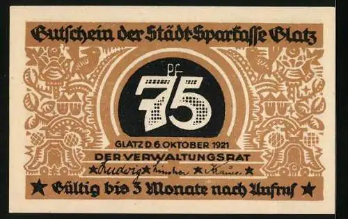 Notgeld Glatz 1921, 75 Pfennig, 100 Jahre Städt. Sparkasse Glatz 1821-1921, Kirche, Ortspartie, Wappen