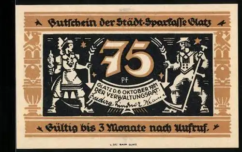 Notgeld Glatz 1921, 75 Pfennig, 100 Jahre Städt. Sparkasse Glatz 1821-1921, Bauer mit Sense