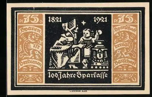 Notgeld Glatz 1921, 75 Pfennig, 100 Jahre Städt. Sparkasse Glatz 1821-1921, Frau mit Kind