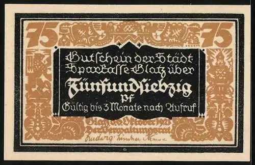 Notgeld Glatz 1921, 75 Pfennig, 100 Jahre Städt. Sparkasse Glatz 1821-1921, Frau mit Kind