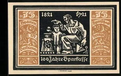 Notgeld Glatz 1921, 75 Pfennig, 100 Jahre Sparkasse Glatz 1821-1921, Maurer mit Kind