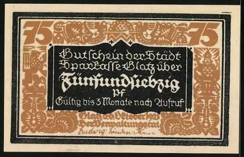 Notgeld Glatz 1921, 75 Pfennig, 100 Jahre Sparkasse Glatz 1821-1921, Maurer mit Kind