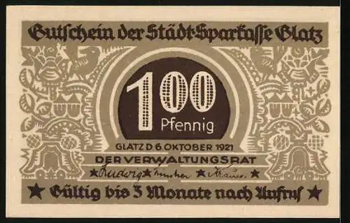 Notgeld Glatz 1921, 100 Pfennig, 100 Jahre Städt. Sparkasse Glatz 1821-1921, Kirche, Ortspartie, Wappen