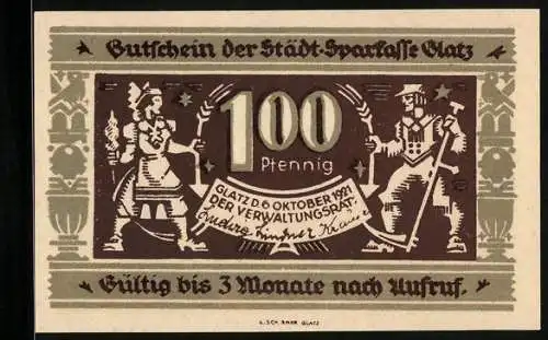 Notgeld Glatz 1921, 100 Pfennig, 100 Jahre Städt. Sparkasse Glatz 1821-1921, Bauer mit Sense