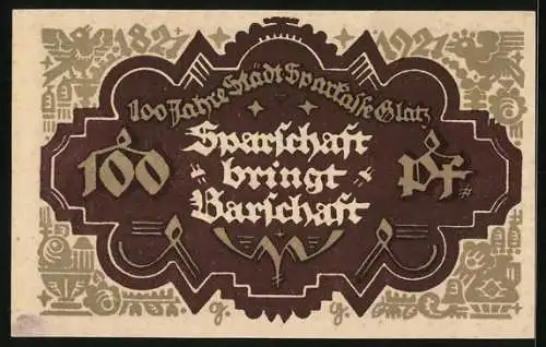 Notgeld Glatz 1921, 100 Pfennig, 100 Jahre Städt. Sparkasse Glatz 1821-1921, Bauer mit Sense