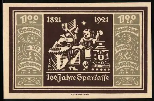 Notgeld Glatz 1921, 100 Pfennig, 100 Jahre Sparkasse Glatz 1821-1921, Frau mit Kind