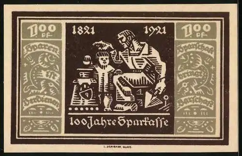 Notgeld Glatz 1921, 100 Pfennig, 100 Jahre Sparkasse Glatz 1821-1921, Maurer mit Sohn