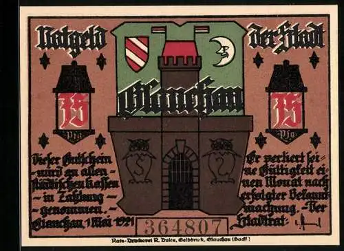 Notgeld Glauchau 1921, 75 Pfennig, Drum täte man den Trinker loben der seinen Biermut wollt erproben, Wappen