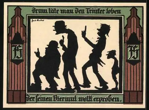 Notgeld Glauchau 1921, 75 Pfennig, Drum täte man den Trinker loben der seinen Biermut wollt erproben, Wappen