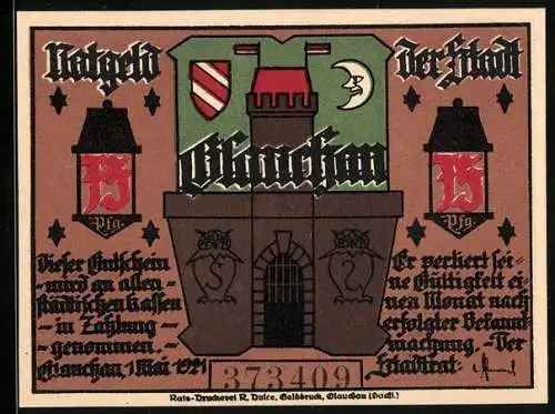 Notgeld Glauchau 1921, 75 Pfennig, Wappen, Vier Männer vor einem riesigen Glas