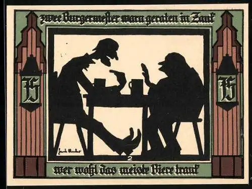 Notgeld Glauchau 1921, 75 Pfennig, Zwei Bürgermeister geraten in Zank