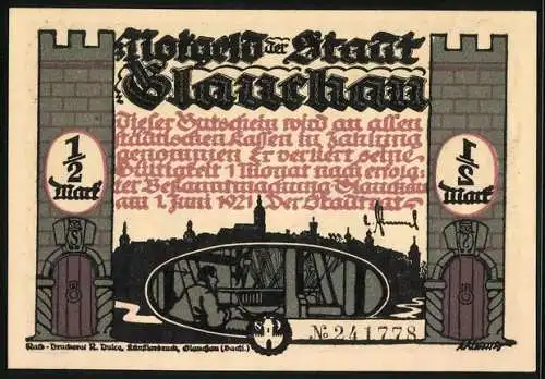 Notgeld Glauchau 1921, 1 /2 Mark, Doch war man darauf bedacht, dass Hebel keinen Unfug macht