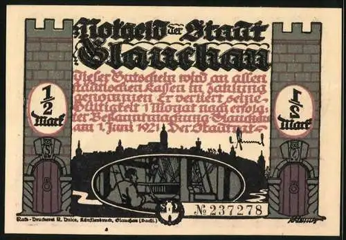 Notgeld Glauchau 1921, 1 /2 Mark, Die Wache oft durchs Städtle zieht