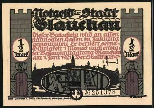 Notgeld Glauchau 1921, 1 /2 Mark, Hebel flieht vor der Wache