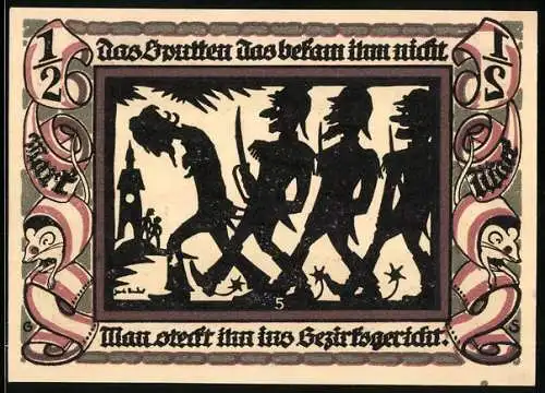 Notgeld Glauchau 1921, 1 /2 Mark, Man steckt Hebel ins Bezirksgericht