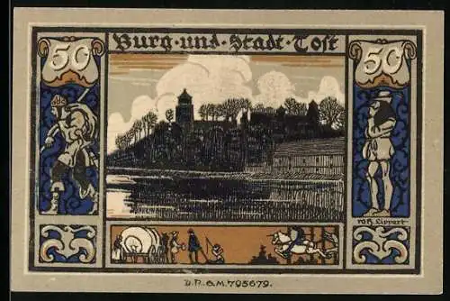 Notgeld Gleiwitz, 50 Pfennig, Burg und Stadt mit Flusspartie