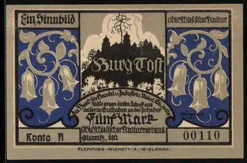 Notgeld Gleiwitz, 5 Mark, Burg unter Sternenhimmel