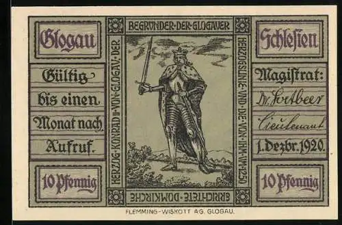 Notgeld Glogau /Schlesien 1920, 10 Pfennig, Kirche und Herzog Konrad II. von Glogau