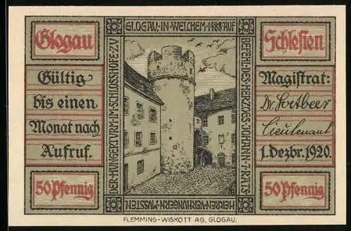 Notgeld Glogau /Schlesien 1920, 50 Pfennig, Der Hungerturm im Schlosshof