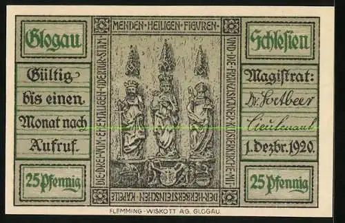 Notgeld Glogau /Schlesien 1920, 25 Pfennig, Franziskanerkirche und Heiligenfiguren