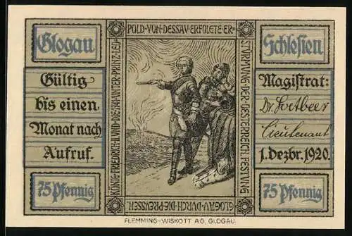 Notgeld Glogau /Schlesien 1920, 75 Pfennig, Friedrich II. und die Stürmung der Festung Glogau 1741
